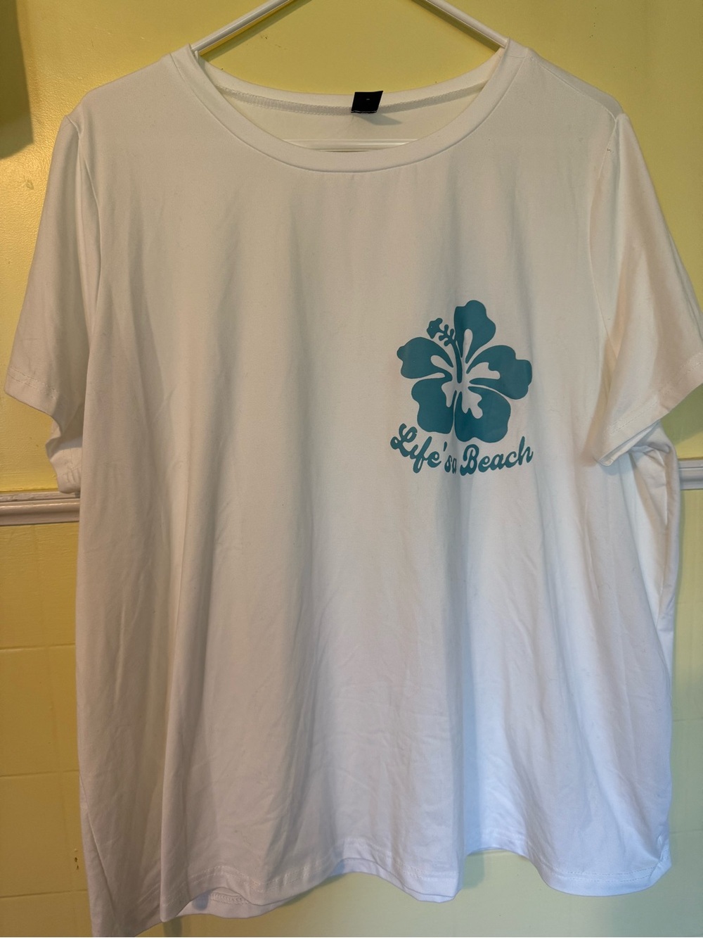 SHEIN White Short Sleeve Tee with Teal Hibiscus Graphic